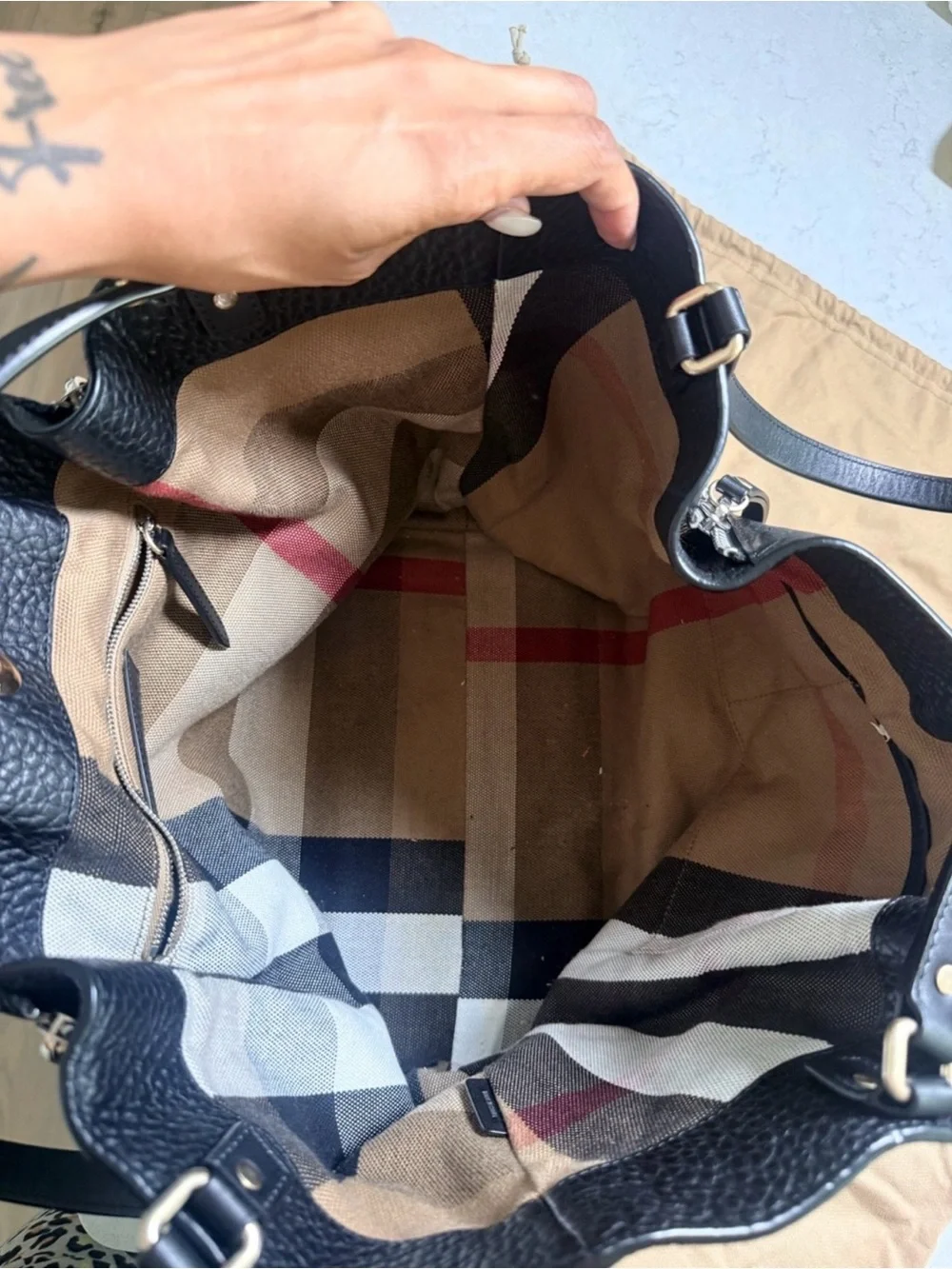 Burberry House Check Black Leather Large Shoulder Tote + Dust Bag